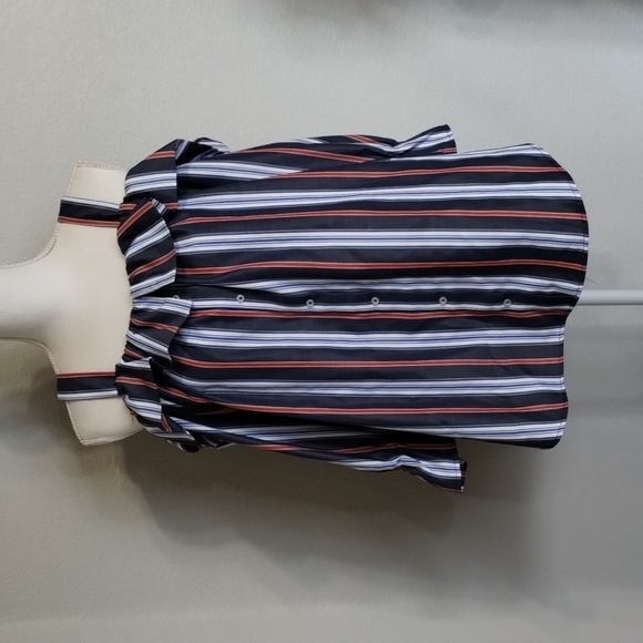 Janet Chung Blue Red White Striped Size Large Button down open shoulder - Picture 1 of 13